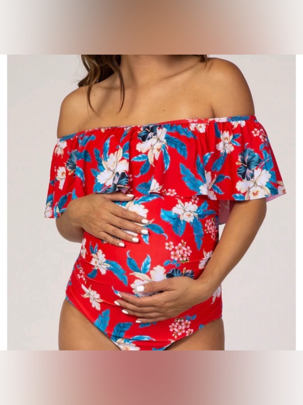 NEW Pink Blush Maternity Swimsuit One Piece Ruched Red Floral Swim Suit Medium